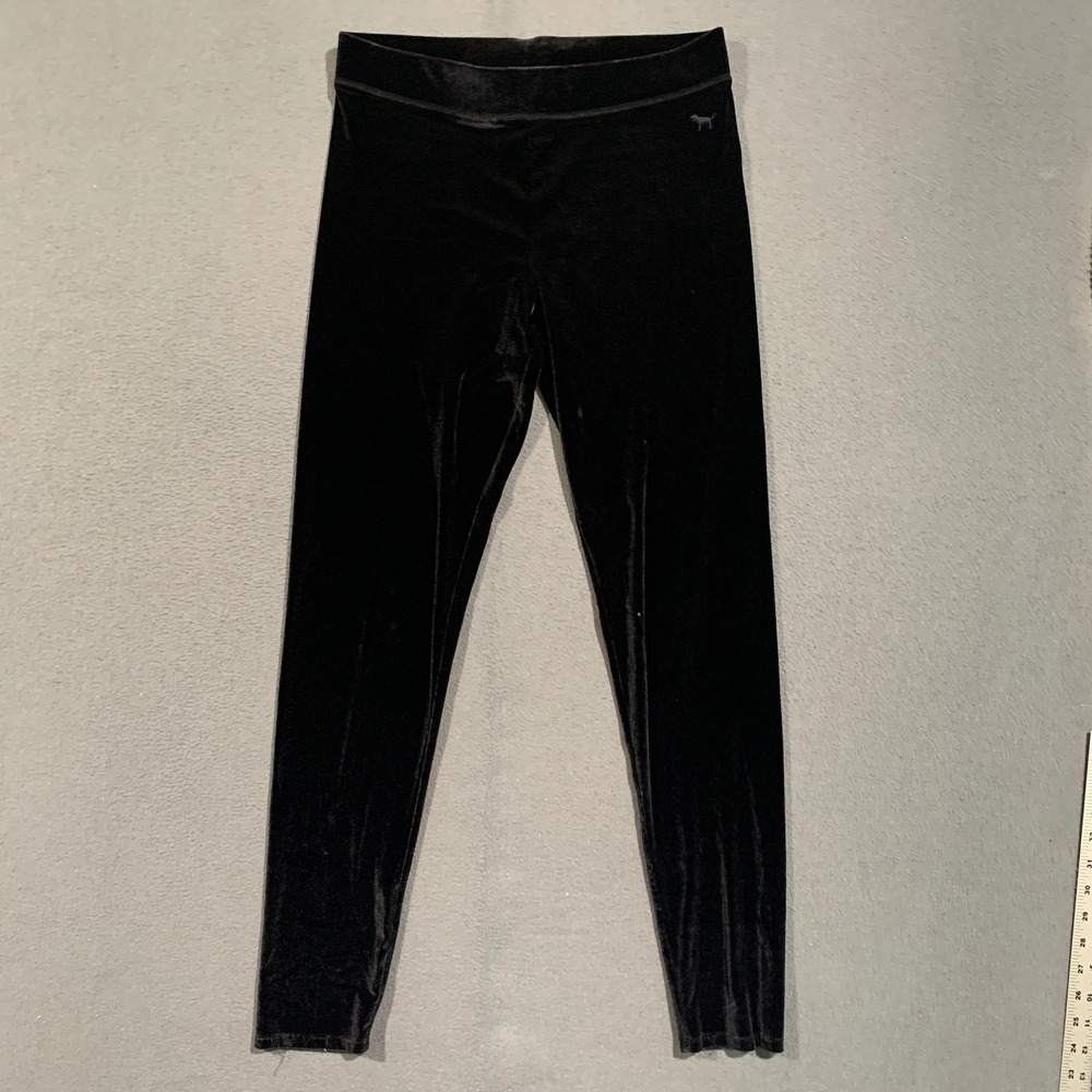 PINK Victoria's Secret Women Large Pants Black Velvet Velour High Rise Y2K